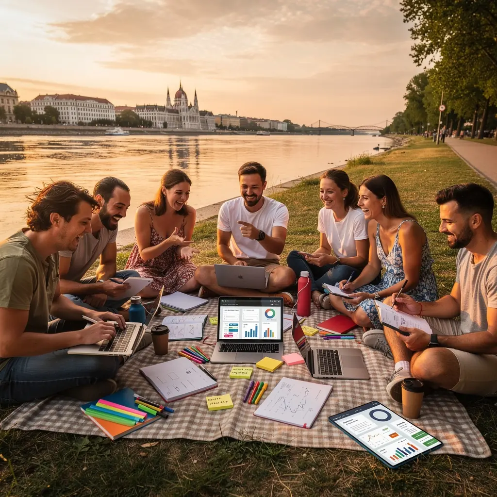 Nő, aki boldogan nézi a pénzügyi céljait, miközben egy táblázatot tölt ki.